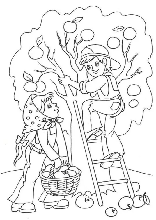Crianças se divertem colhendo maçãs na árvore: Desenho para colorir e imprimir