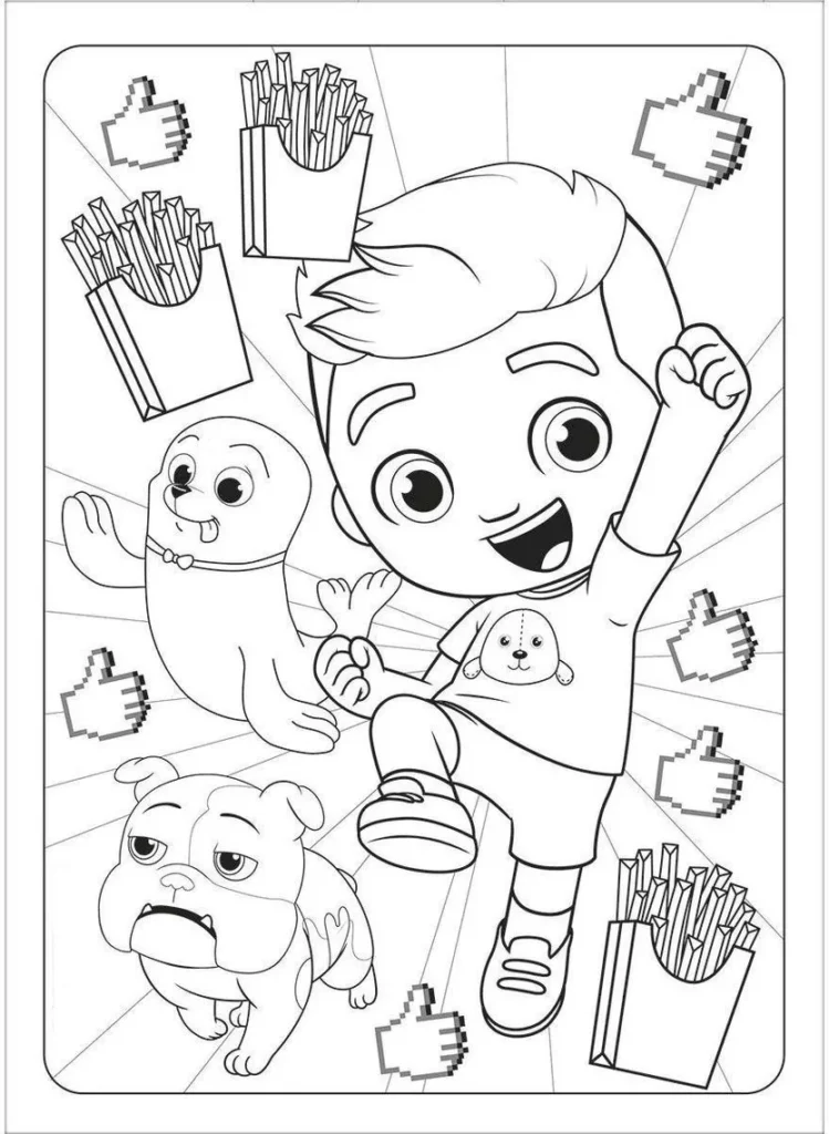 Desenhos do Lucas Neto para colorir em PDF. A imagem contém o personagem principal com um cachorro e uma foca.