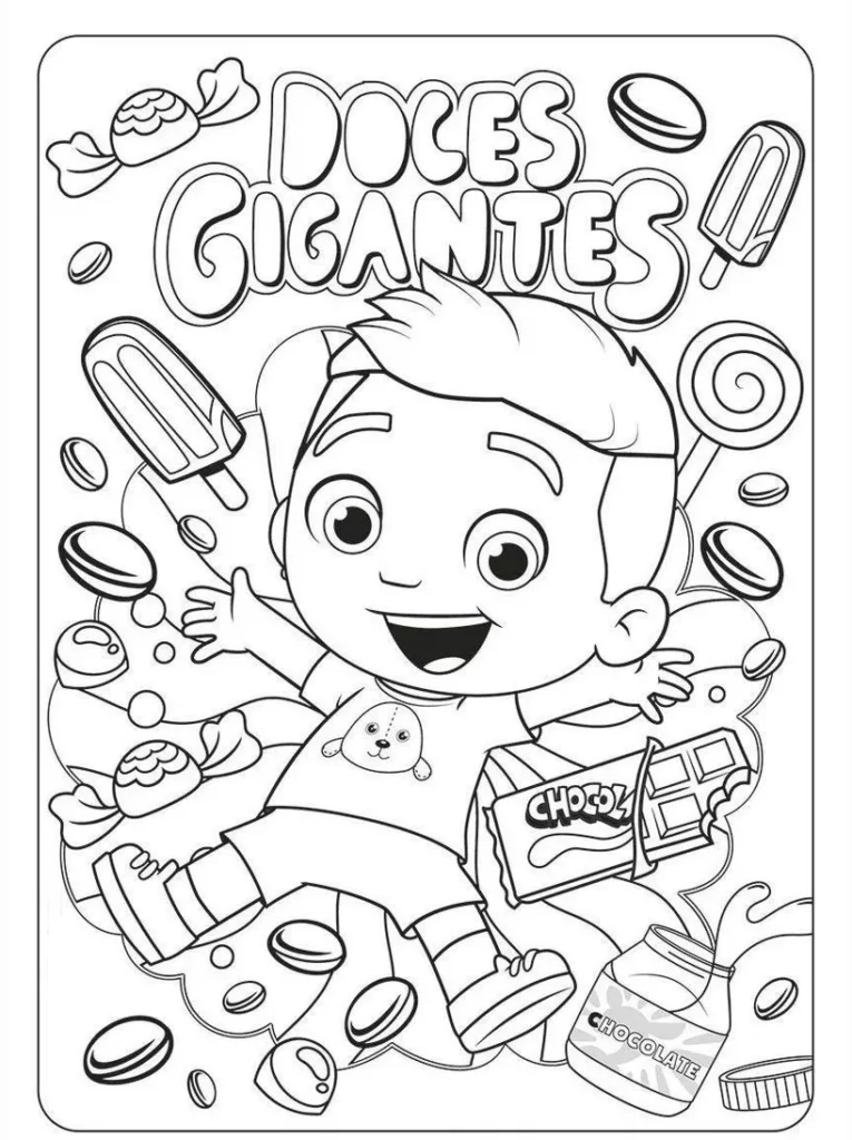 Desenho do Luccas Neto com tema Doces Gigantes para colorir. Criança feliz entre pirulitos, balas e chocolates.