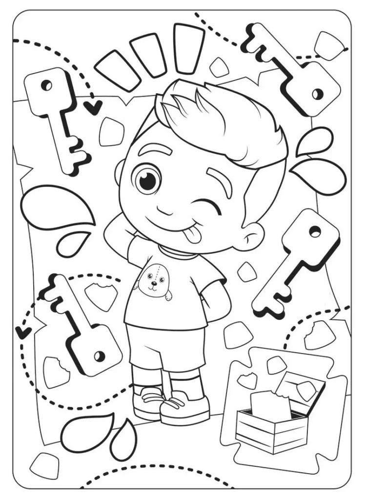 Luccas Neto para colorir: careta divertida e detalhes como ursinho, chaves e baú.
