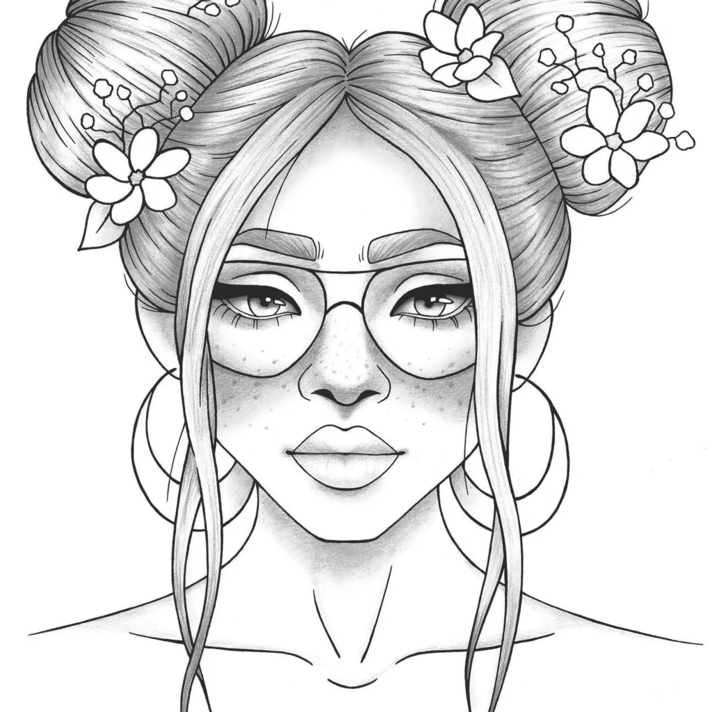 Desenho para colorir Tumblr: garota com coques, flores e óculos