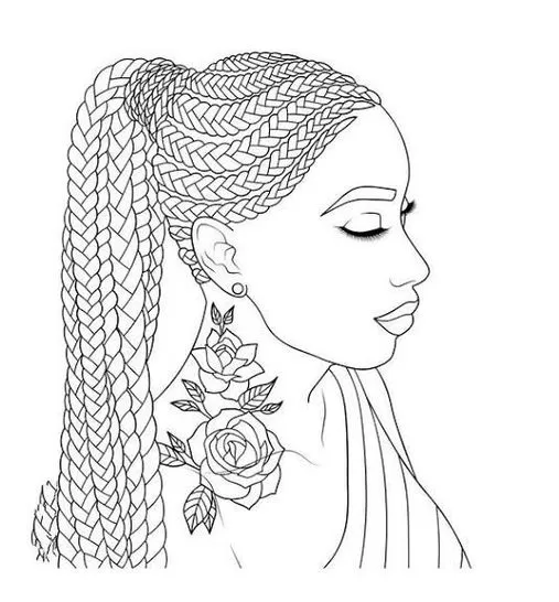 Desenho de mulher Tumblr com cabelo trançado para colorir. Arte com rosas e rabo de cavalo volumoso.