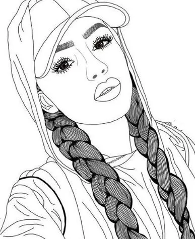 Desenho Tumblr com boné e capuz para colorir: garota com tranças