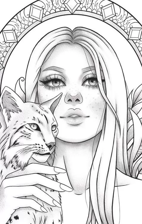Desenho de Gata Selvagem Tumblr para Colorir e Imprimir: Detalhe de mulher abraçando lince.