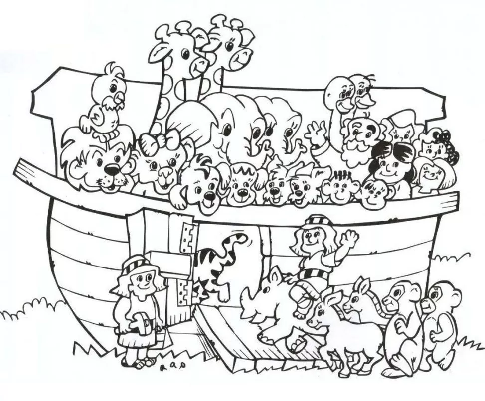 Arca de Noé com animais entrando: desenho para colorir. Veja leões, girafas, elefantes e Noé.