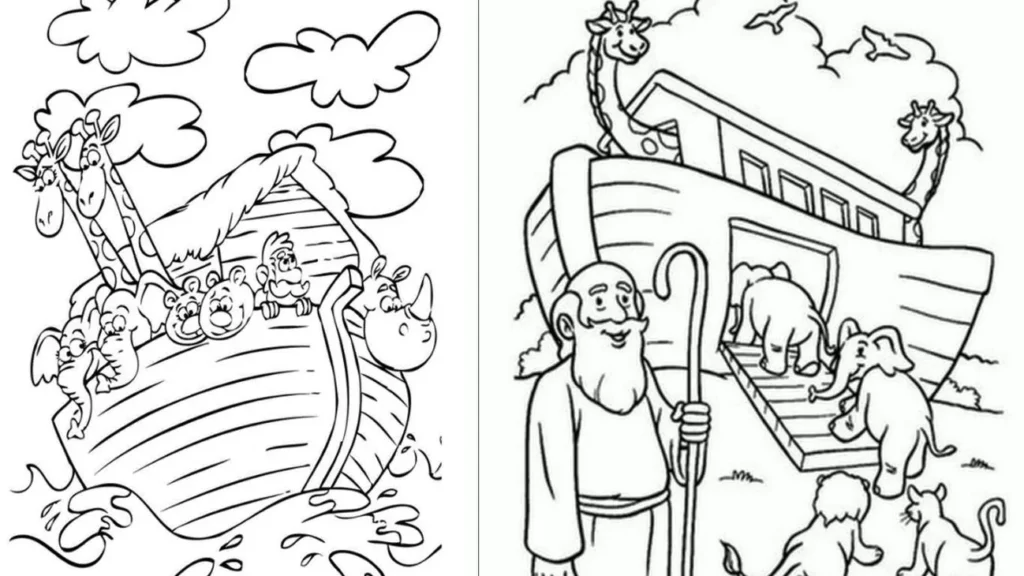 Arca de Noé: desenhos para colorir com Noé e diversos animais como girafas e elefantes.