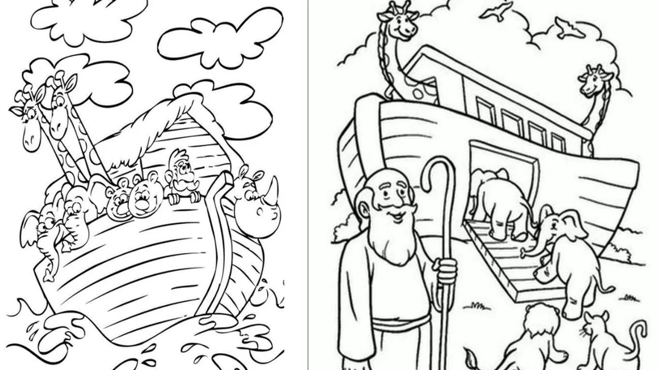Arca de Noé: desenhos para colorir com Noé e diversos animais como girafas e elefantes.
