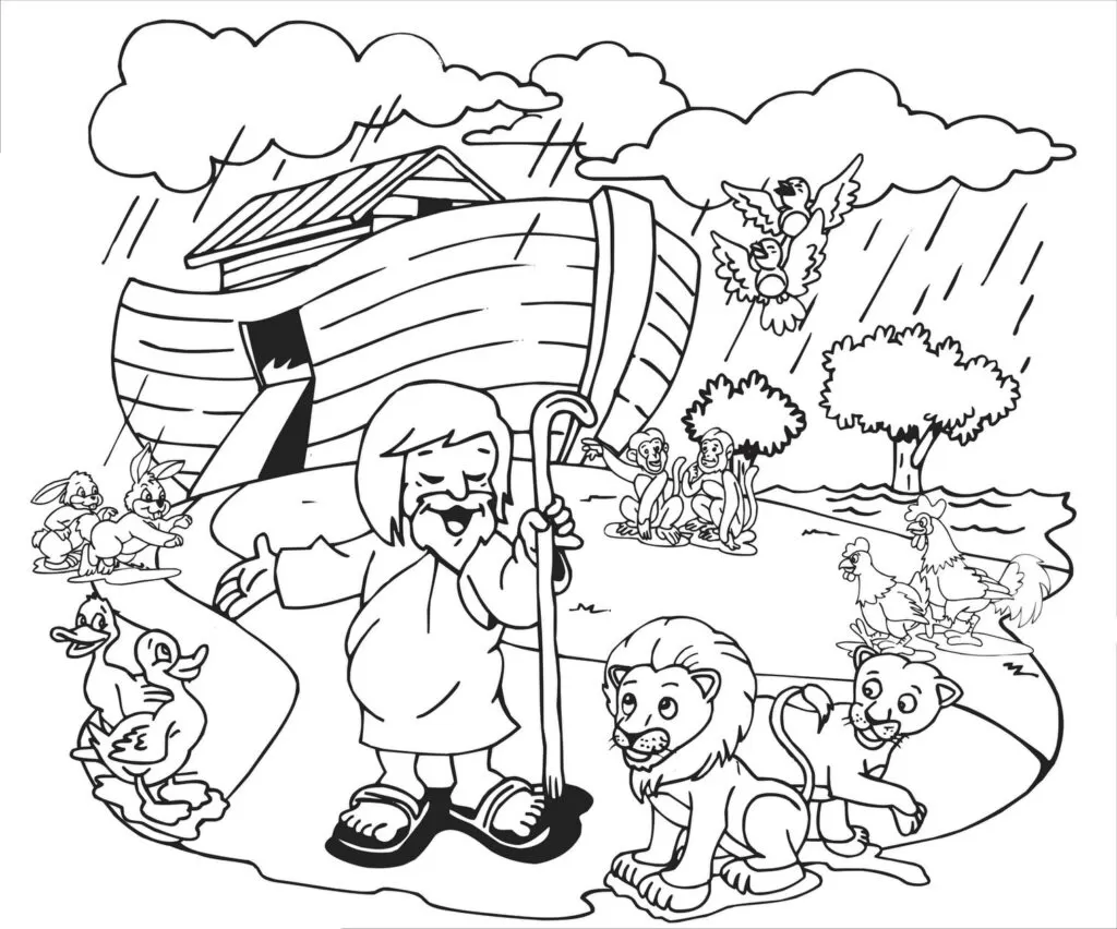 Desenhos da Arca de Noé para colorir em PDF. A imagem contém Noé e vários animais.