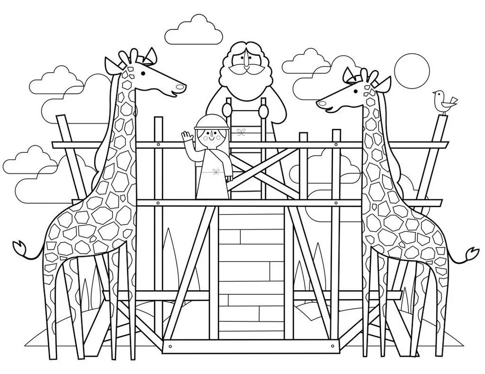 Arca de Noé em construção: Desenho para colorir com Noé, girafas e detalhes da arca.