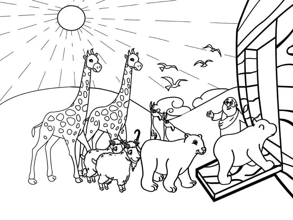 Arca de Noé: Animais entrando para colorir. Cena bíblica com Noé e diversos animais.