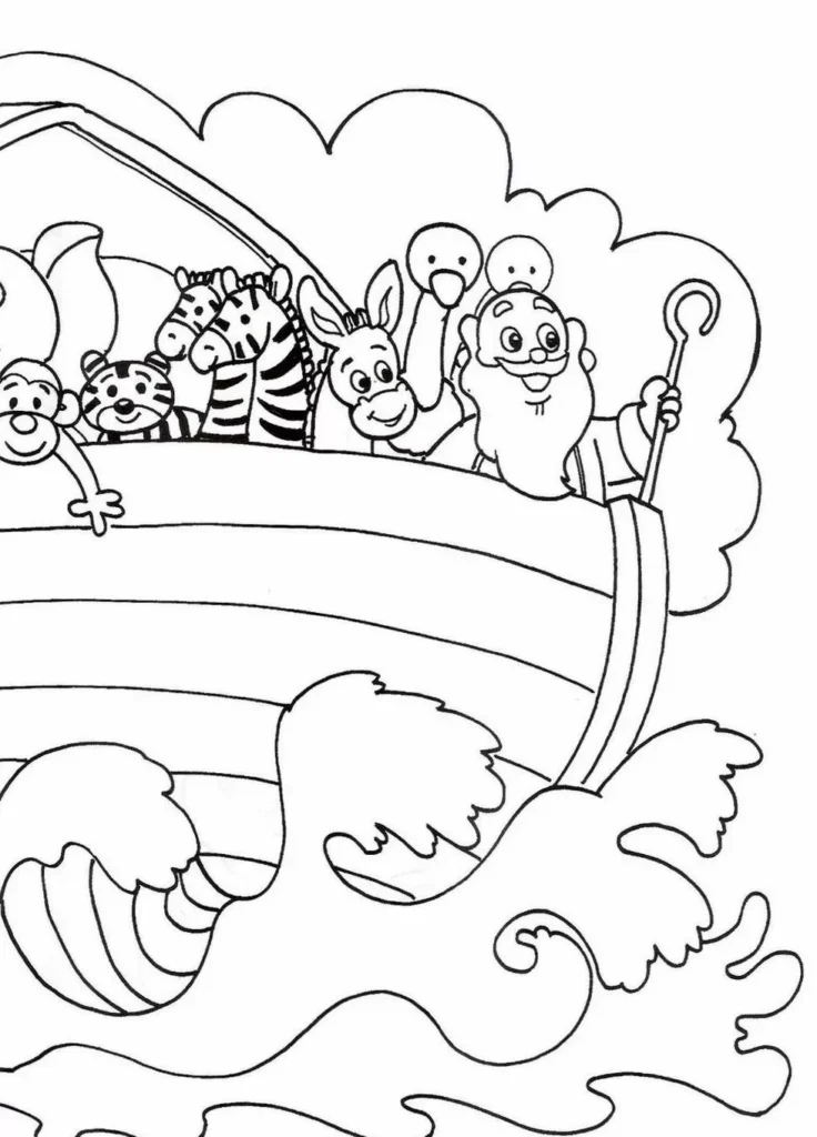 Arca de Noé em meio às águas: desenho para colorir com animais e Noé sorrindo.