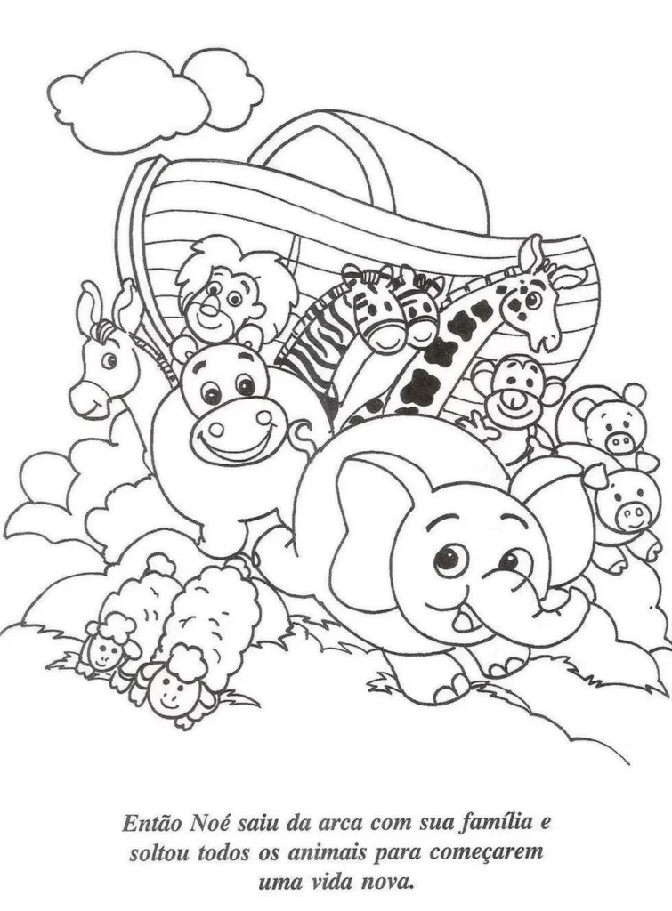 Arca de Noé para colorir: Animais saindo da arca após o dilúvio.