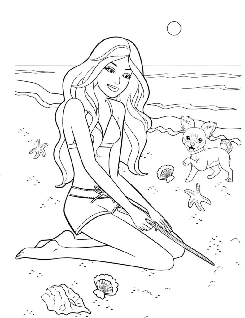Barbie na praia para colorir: Desenho divertido para imprimir.