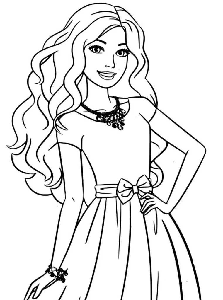 Desenho da Barbie sorrindo e posando para colorir. Imagem perfeita para atividades criativas.