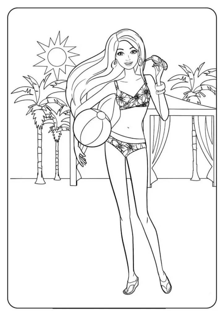 Barbie na praia para colorir: desenho divertido com sol, palmeiras e a boneca com bola de praia.