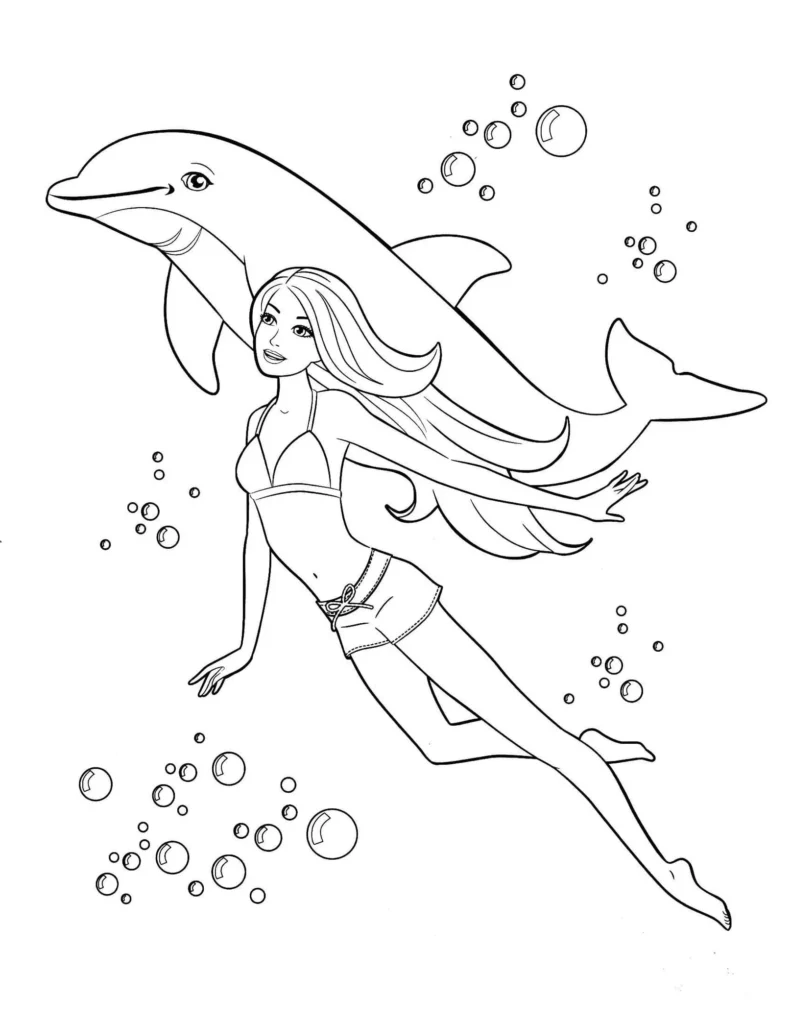 Barbie nadando com golfinho: Desenho para colorir e imprimir