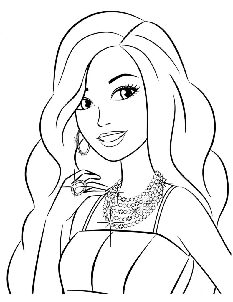 Desenhos da Barbie para imprimir e colorir em PDF. A imagens contém a personagem principal com a mão no cabelo.