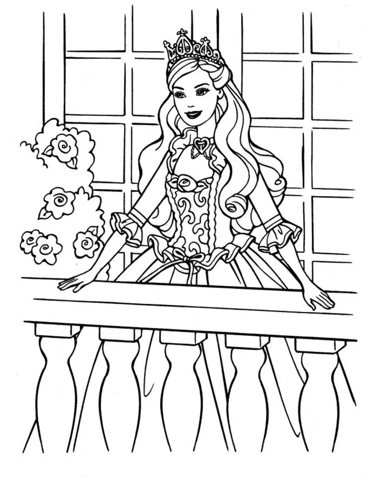 Barbie Princesa na varanda: desenho para colorir e imprimir. Veja a Barbie em seu elegante vestido e coroa.