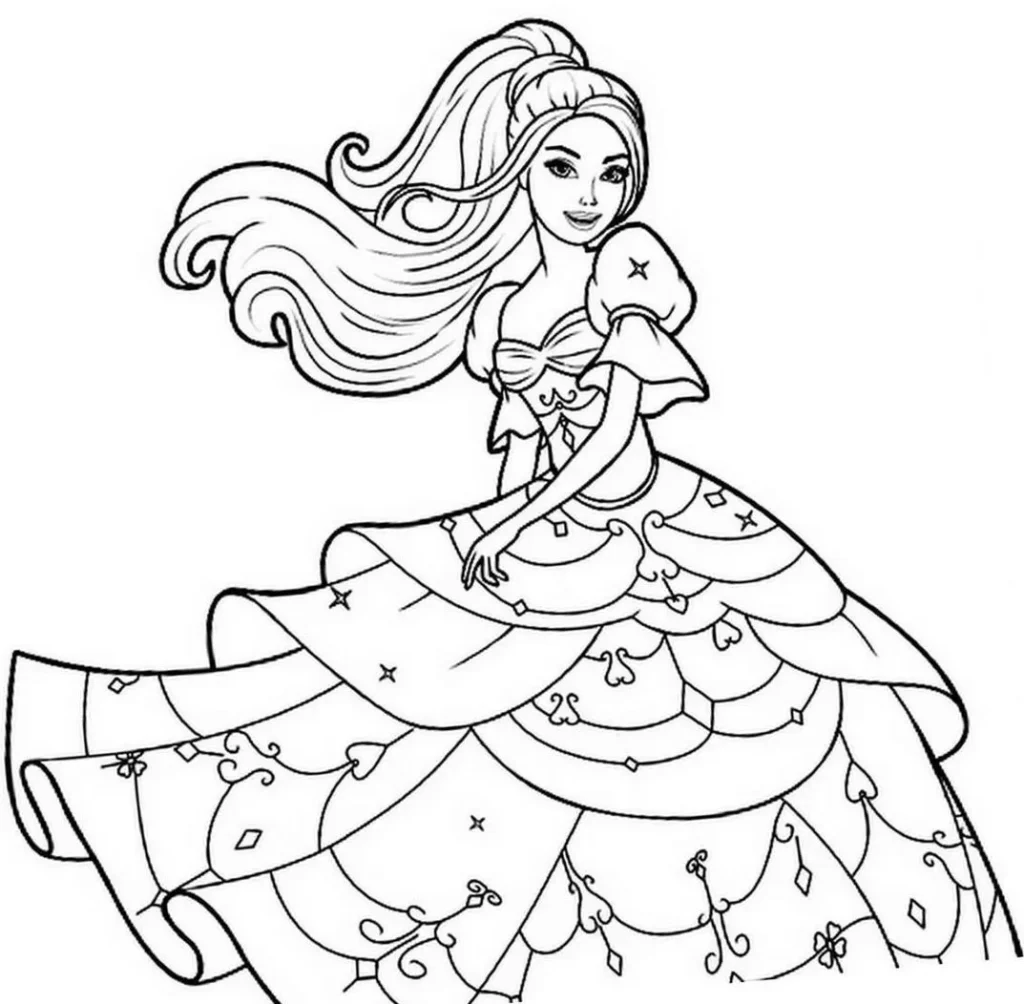 Barbie princesa para colorir e imprimir. Desenho da Barbie vestida com um elegante vestido de baile.