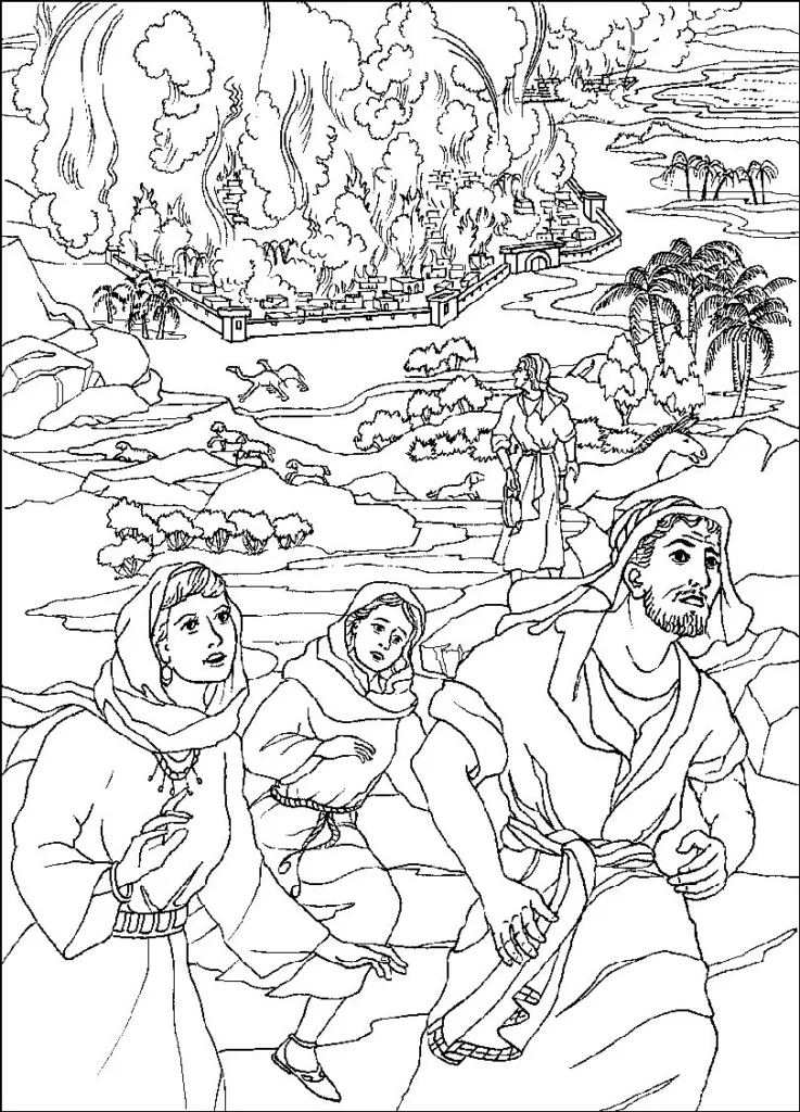Desenhos da Mulher de Ló a Estátua de Sal Destruição das Cidades Mulher de Ló transformada em estátua de sal durante a destruição de cidades. Cena bíblica com fuga e catástrofe.