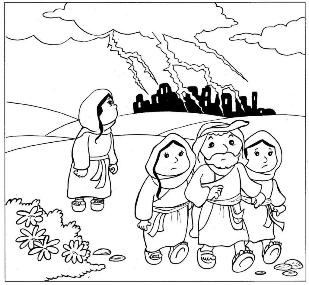 Desenhos da Mulher de Ló a Estátua de Sal Não olhe para trás Mulher de Ló transforma-se em estátua de sal ao olhar para Sodoma. Família foge da cidade destruída sob céu tempestuoso.