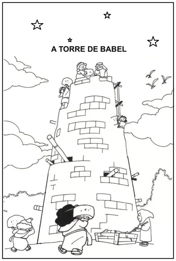 Desenhos da Torre de Babel para colorir em PDF. A imagem contém homens construindo uma torre.