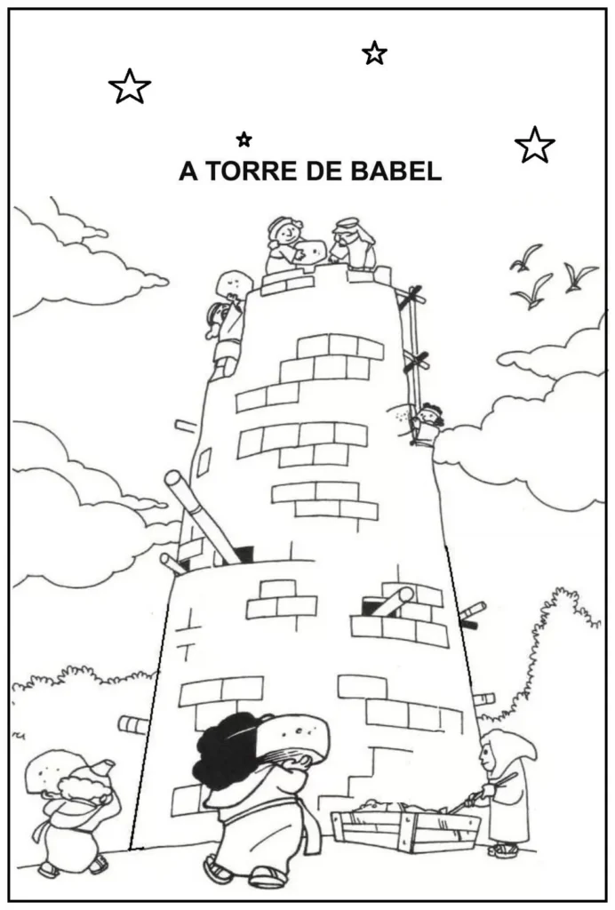 Desenhos da Torre de Babel para colorir Muito trabalho na construção Torre de Babel em construção: desenho para colorir com trabalhadores e detalhes arquitetônicos.