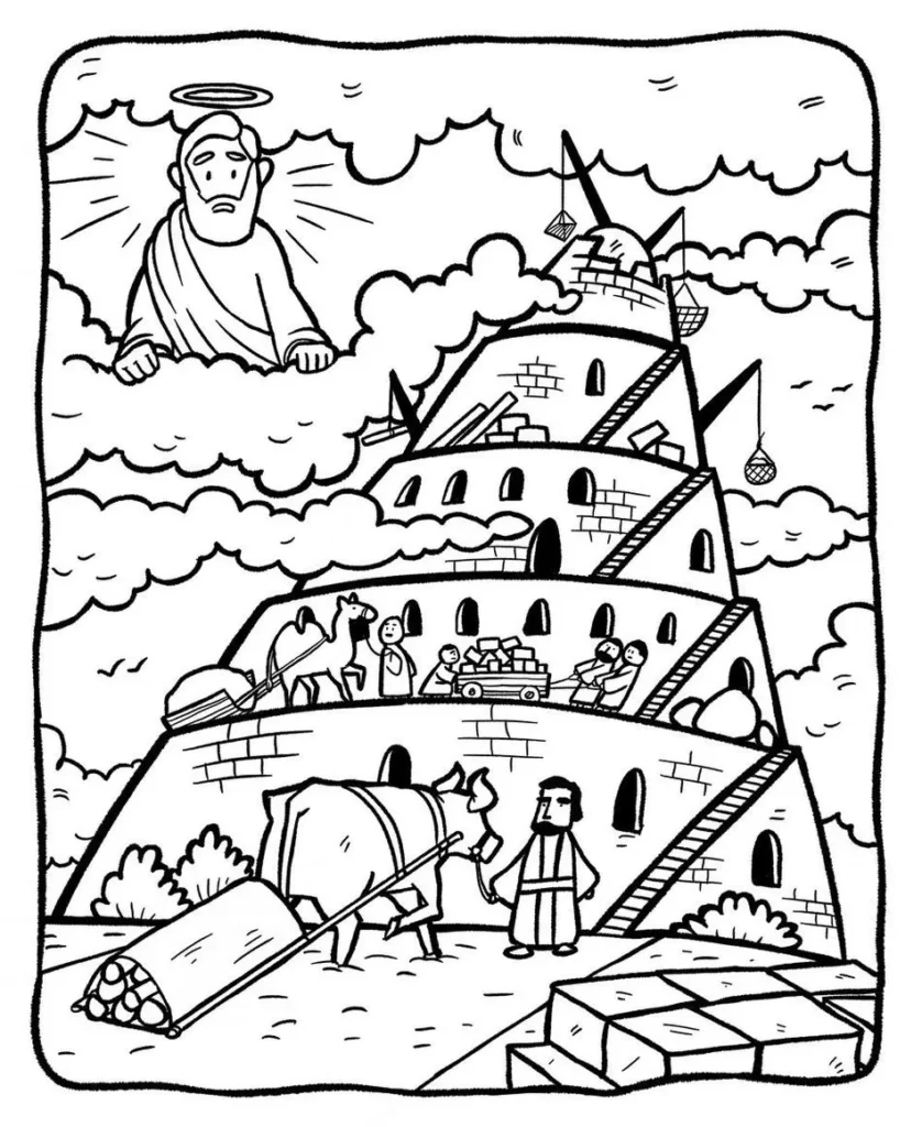 Desenhos da Torre de Babel para colorir Orgulho do homem Torre de Babel para colorir: representação do orgulho humano na construção bíblica.