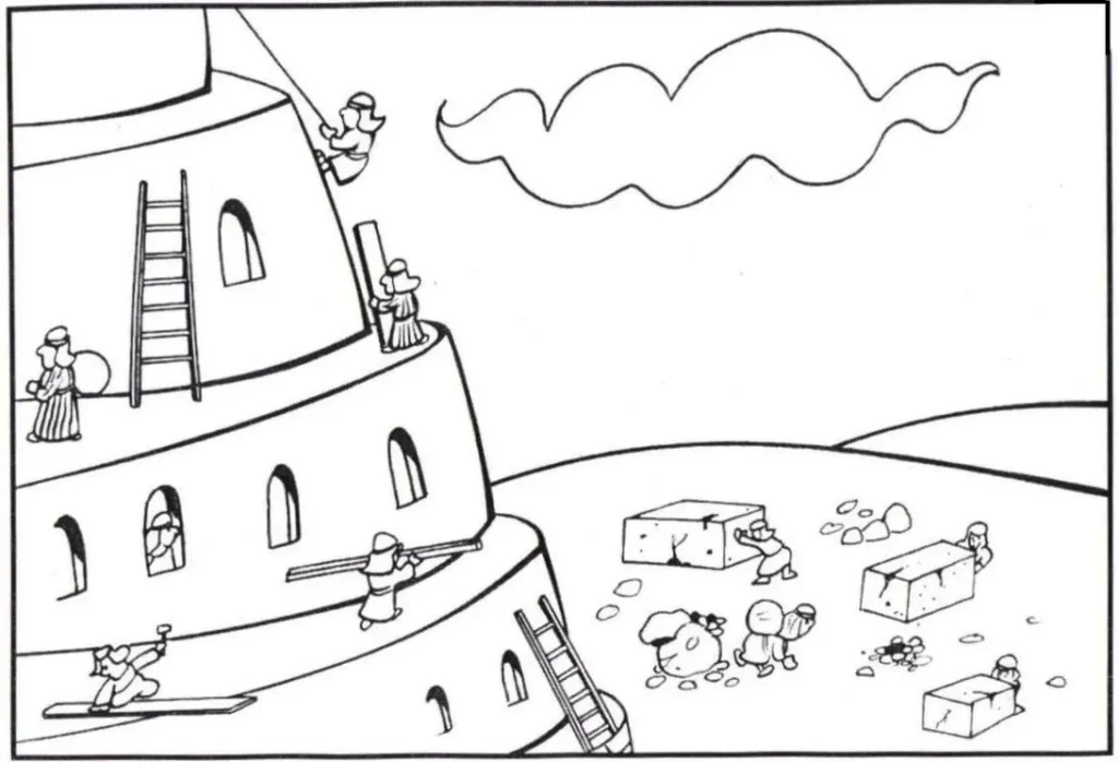 Desenhos da Torre de Babel para colorir Queriam tocar o céu Torre de Babel em construção: desenho para colorir com trabalhadores e detalhes da arquitetura bíblica.