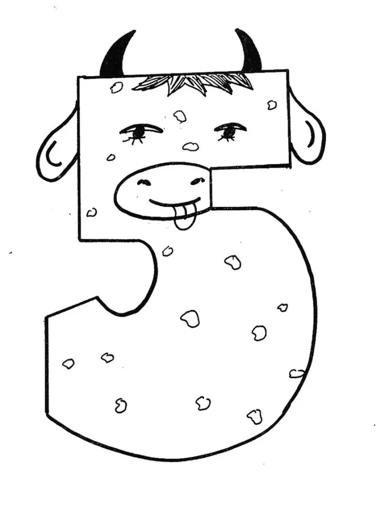 Desenho da 5ª Praga do Egito: Peste nos animais para colorir. Vaca estilizada como o número 5 com manchas.