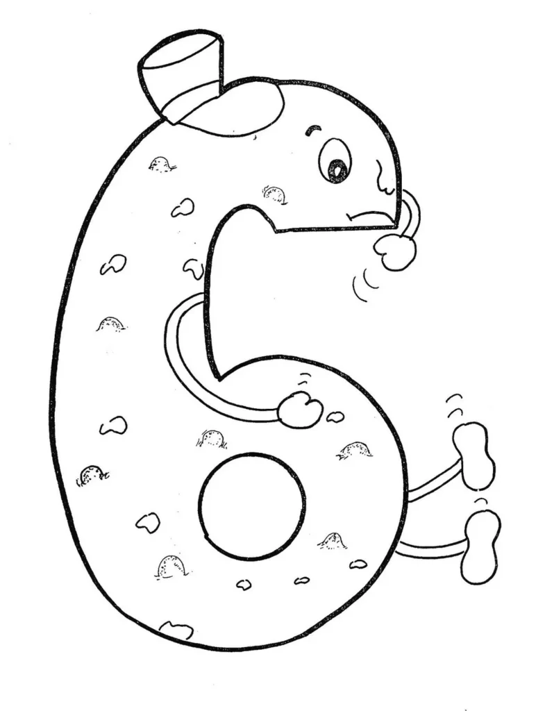 Sexta Praga do Egito: Úlceras. Desenho para colorir da praga em forma de número 6, com expressão de dor e pústulas.