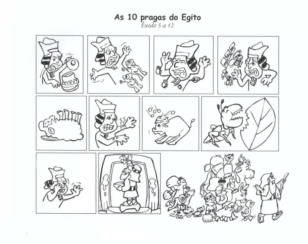 Desenhos das Dez Pragas do Egito para colorir em PDF. A imagem contém as dez pragas que aconteceram no Egito no tempo de Moisés.