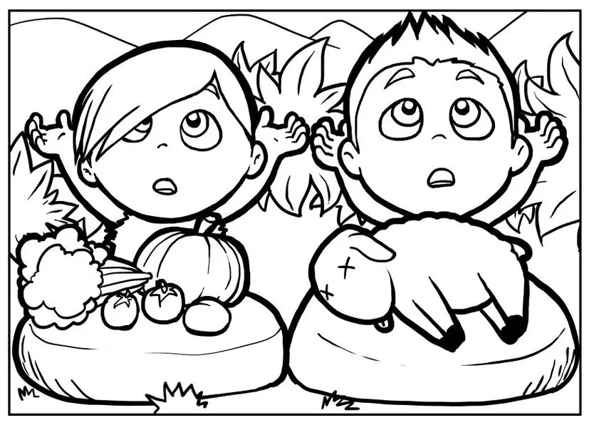 Abel e Caim oferecendo sacrifícios a Deus: desenho para colorir com cenário campestre.