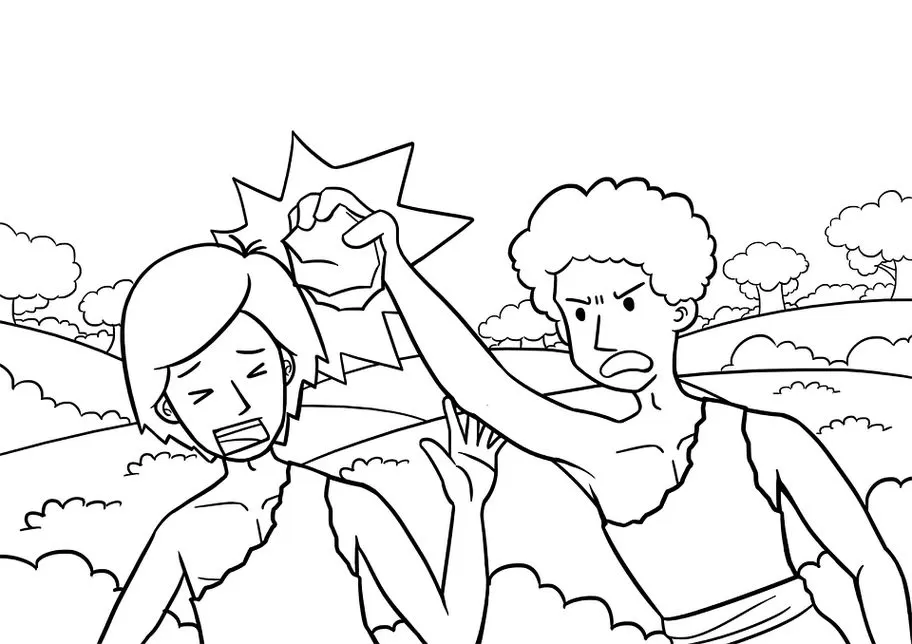 Caim e Abel: Cena bíblica para colorir retratando o fratricídio. Desenho mostra Caim atacando Abel em meio à natureza.