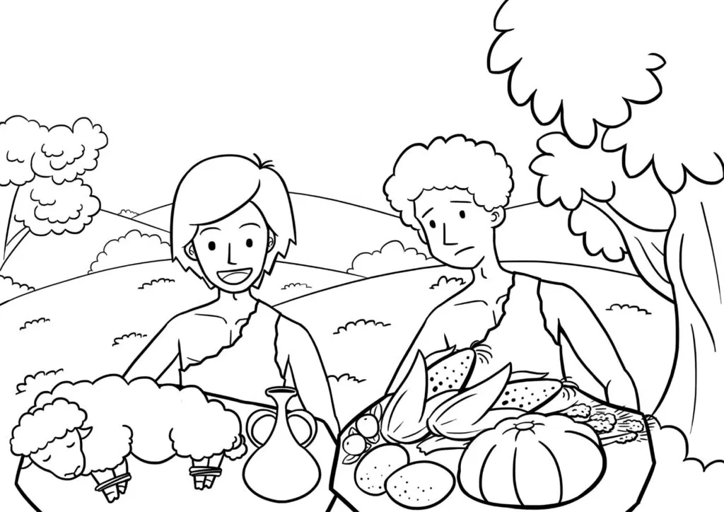 Desenhos de Abel e Caim para colorir em PDF. A imagem contém Abel e Caim com ofertas a Deus.