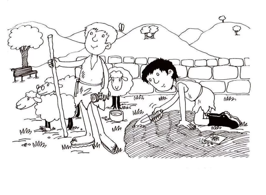 Abel e Caim: Desenho para colorir dos filhos de Adão e Eva em cena campestre com ovelhas e atividades agrícolas.