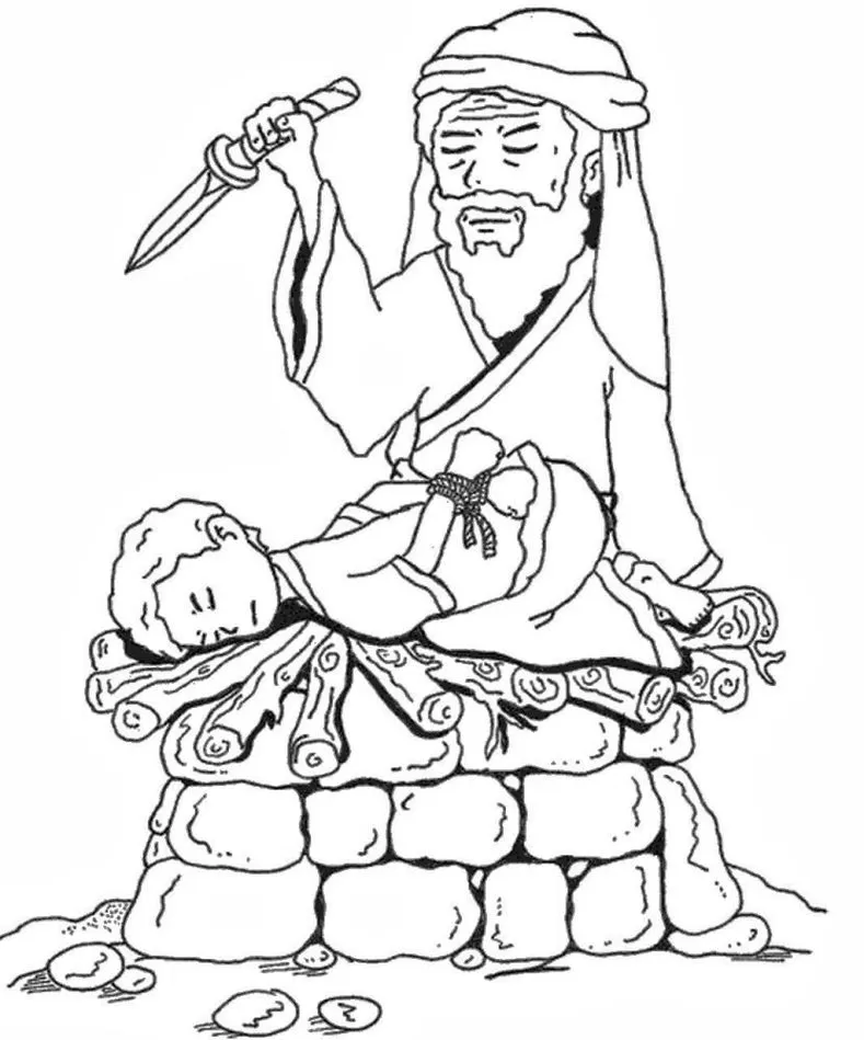 Abraão e Isaque: Cena bíblica para colorir mostrando a obediência de Abraão a Deus.
