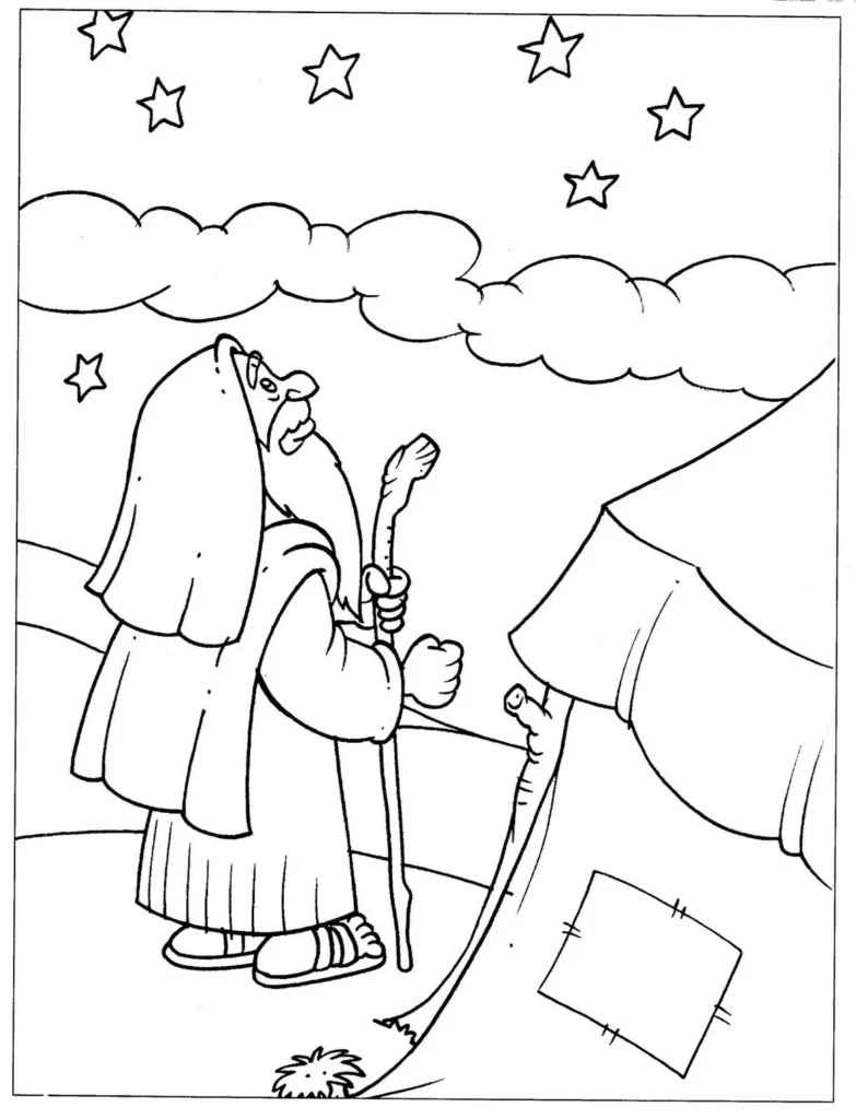 Abraão e as estrelas: desenho bíblico para colorir. Veja Abraão sob o céu estrelado, uma promessa divina em imagem.