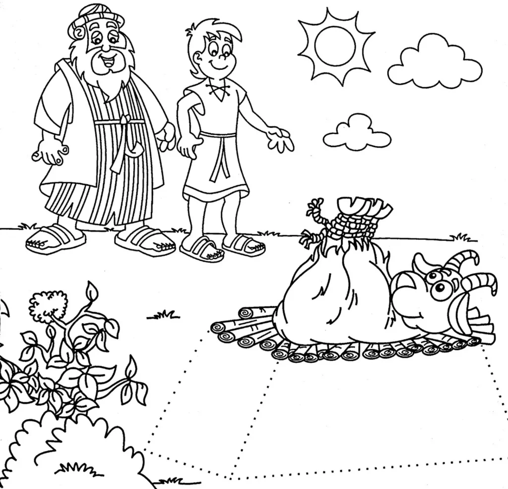 Abraão e Sara: cena bíblica do sacrifício do cordeiro para colorir.