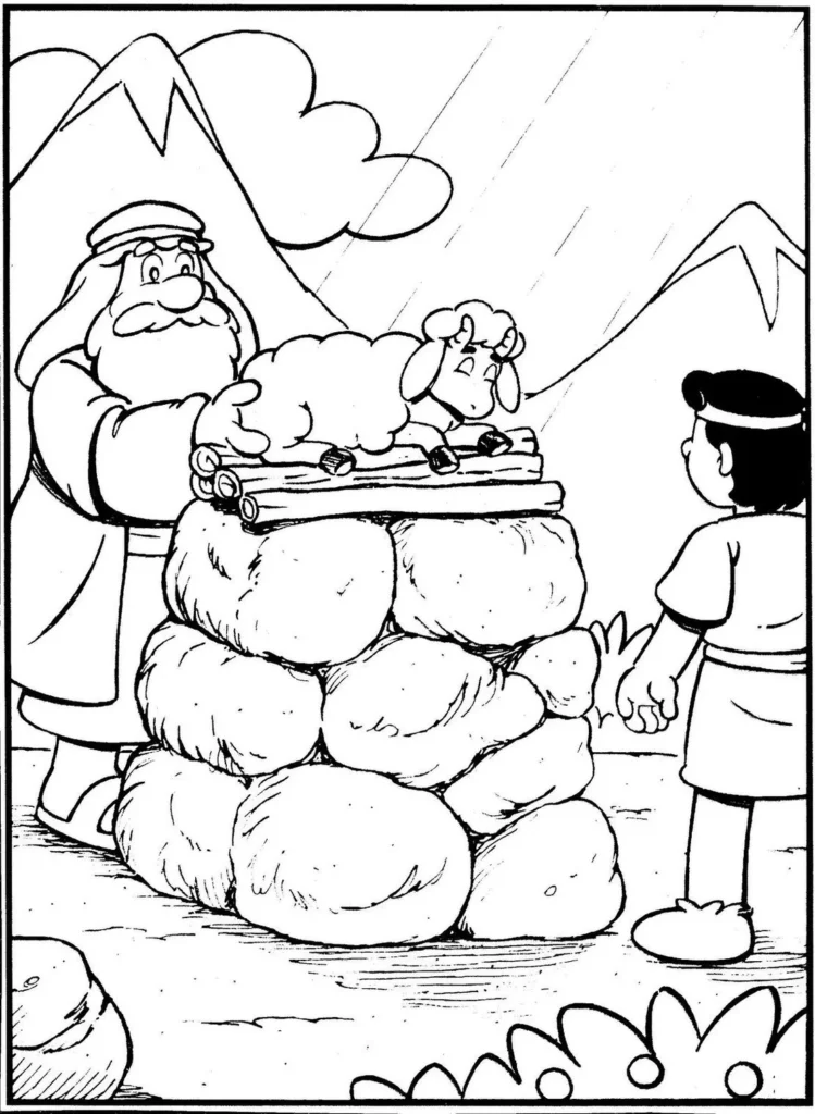 Abraão e Sara: cena bíblica para colorir mostrando a fé de Abraão e a promessa de Deus, com menino observando.