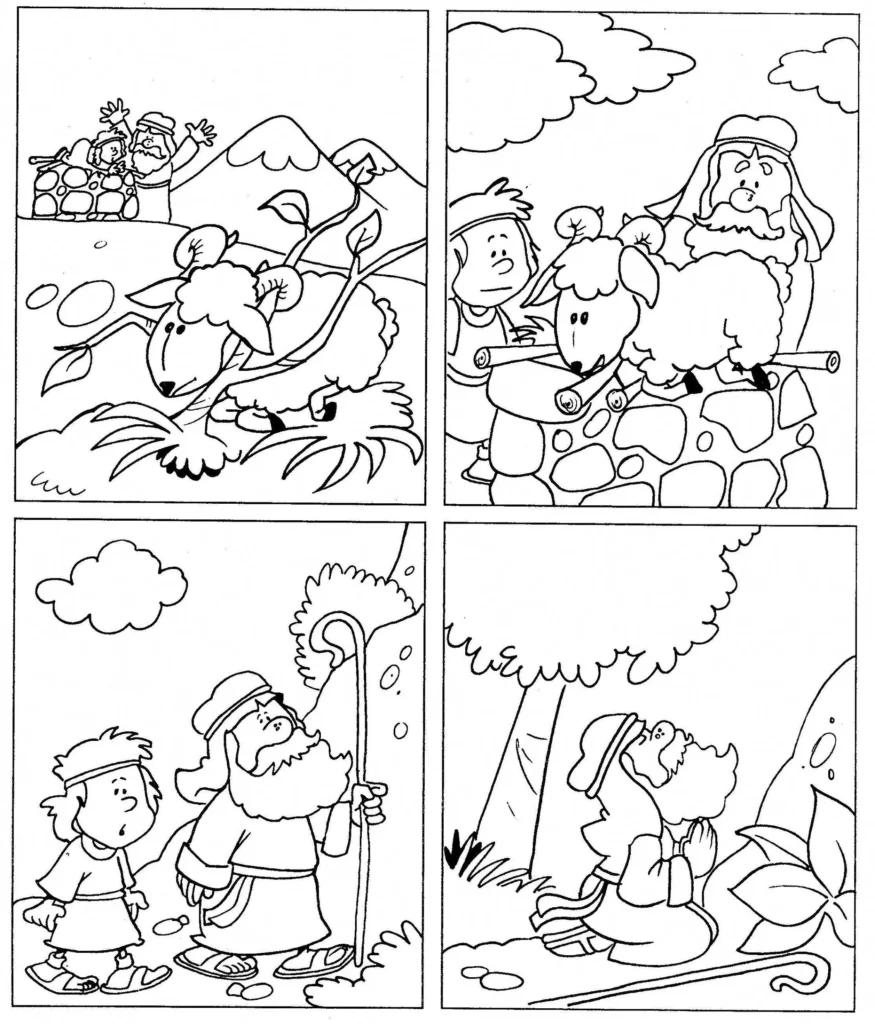 Abraão, Sara e o Sacrifício de Isaac para Colorir: Sequência de cenas bíblicas.