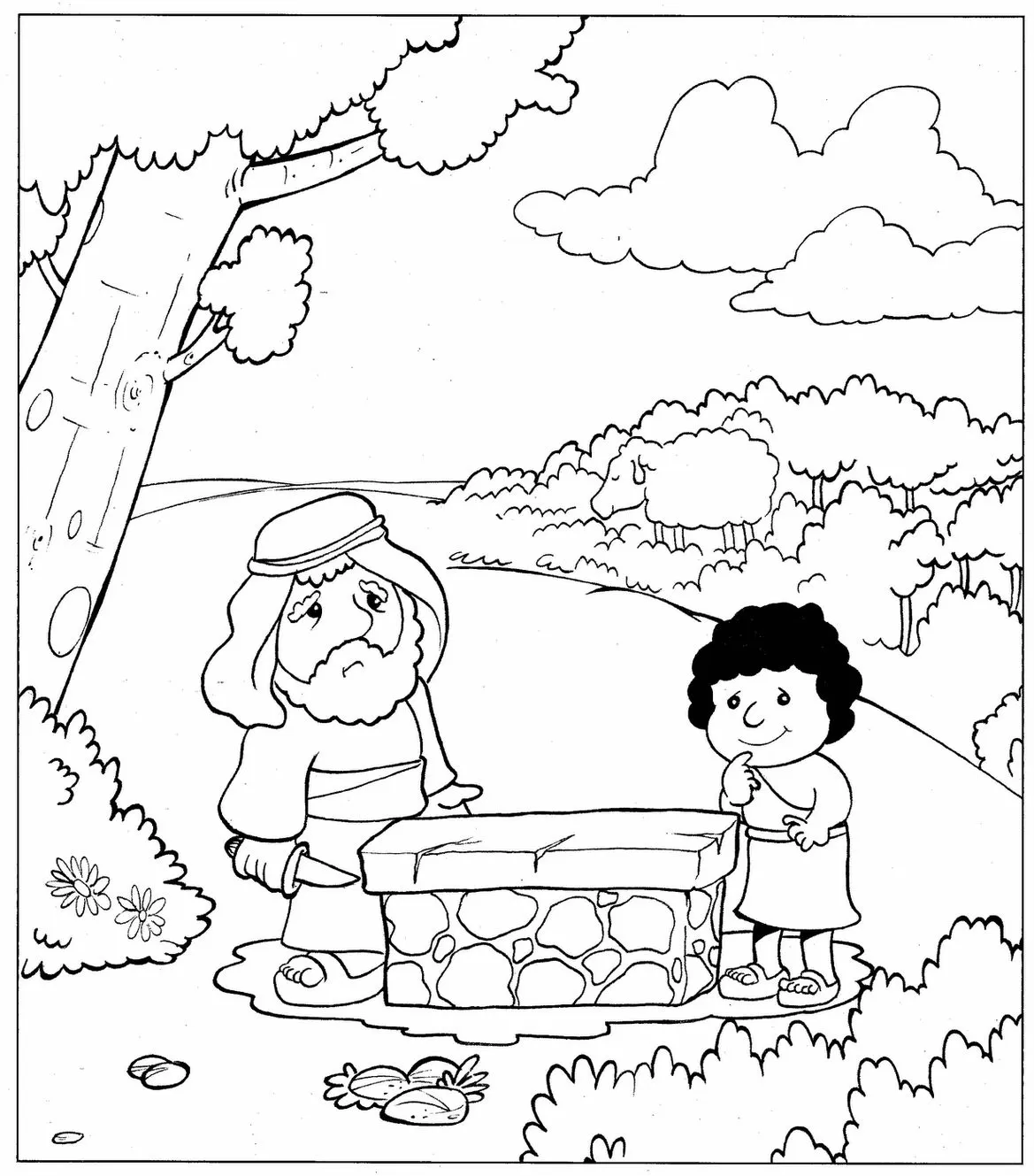 Abraão e Isaque para colorir: Cena bíblica do sacrifício com cordeiro