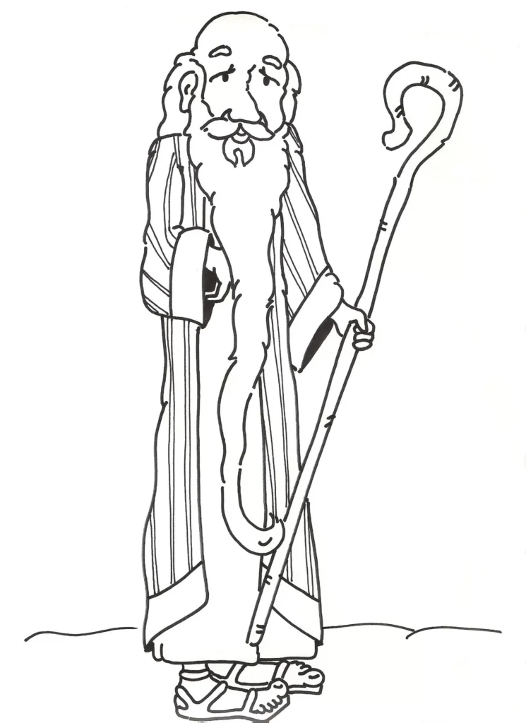 Abraão e Sara: Desenho para colorir do Pai de Multidões. Imagem de um ancião bíblico com barba longa, túnica e cajado.