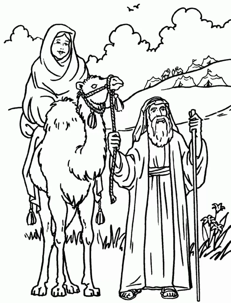Abraão e Sara: Desenho para colorir da jornada bíblica. Casal em viagem com camelos e acampamento ao fundo.