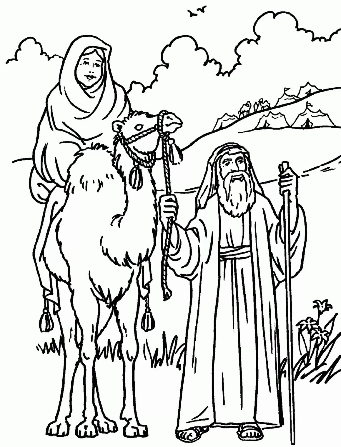 Abraão e Sara: Desenho para colorir da jornada bíblica. Casal em viagem com camelos e acampamento ao fundo.