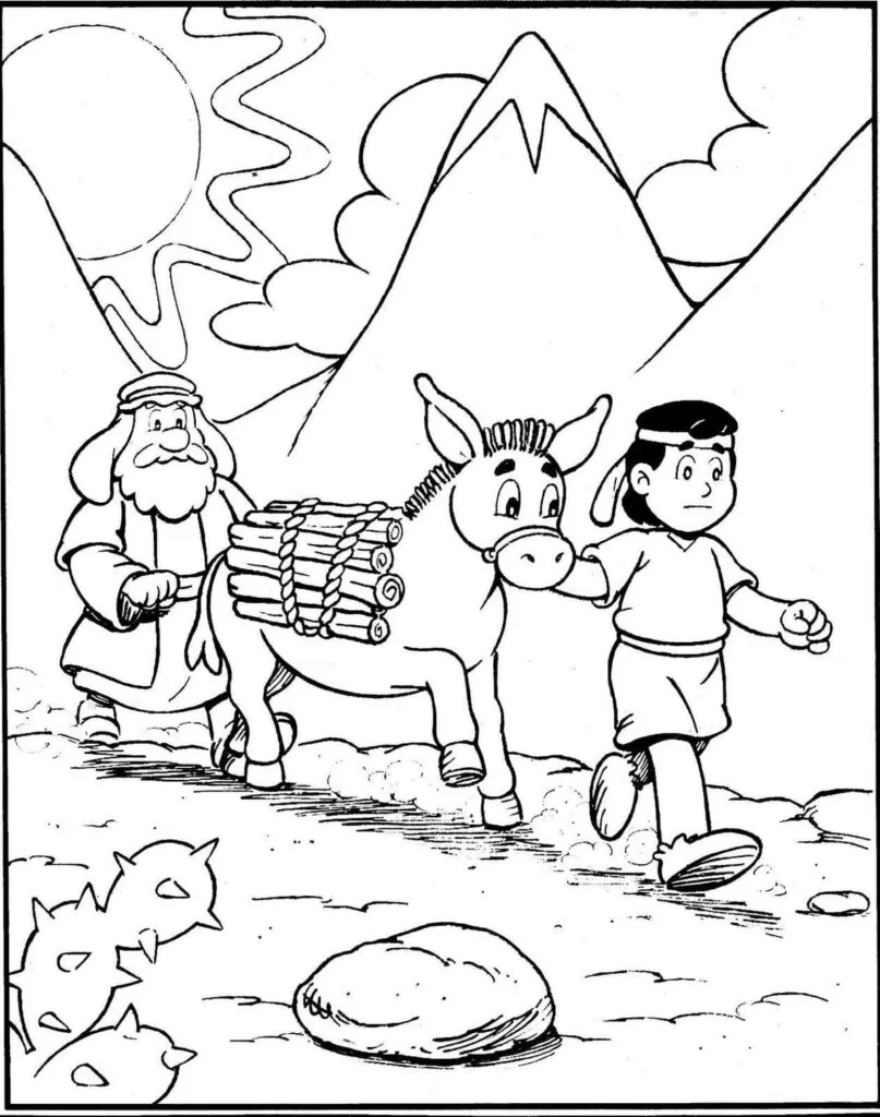 Desenhos de Abraão e Sara para colorir em PDF. A imagem contém Abraão e Isaac Subindo ao Monte Moriá.