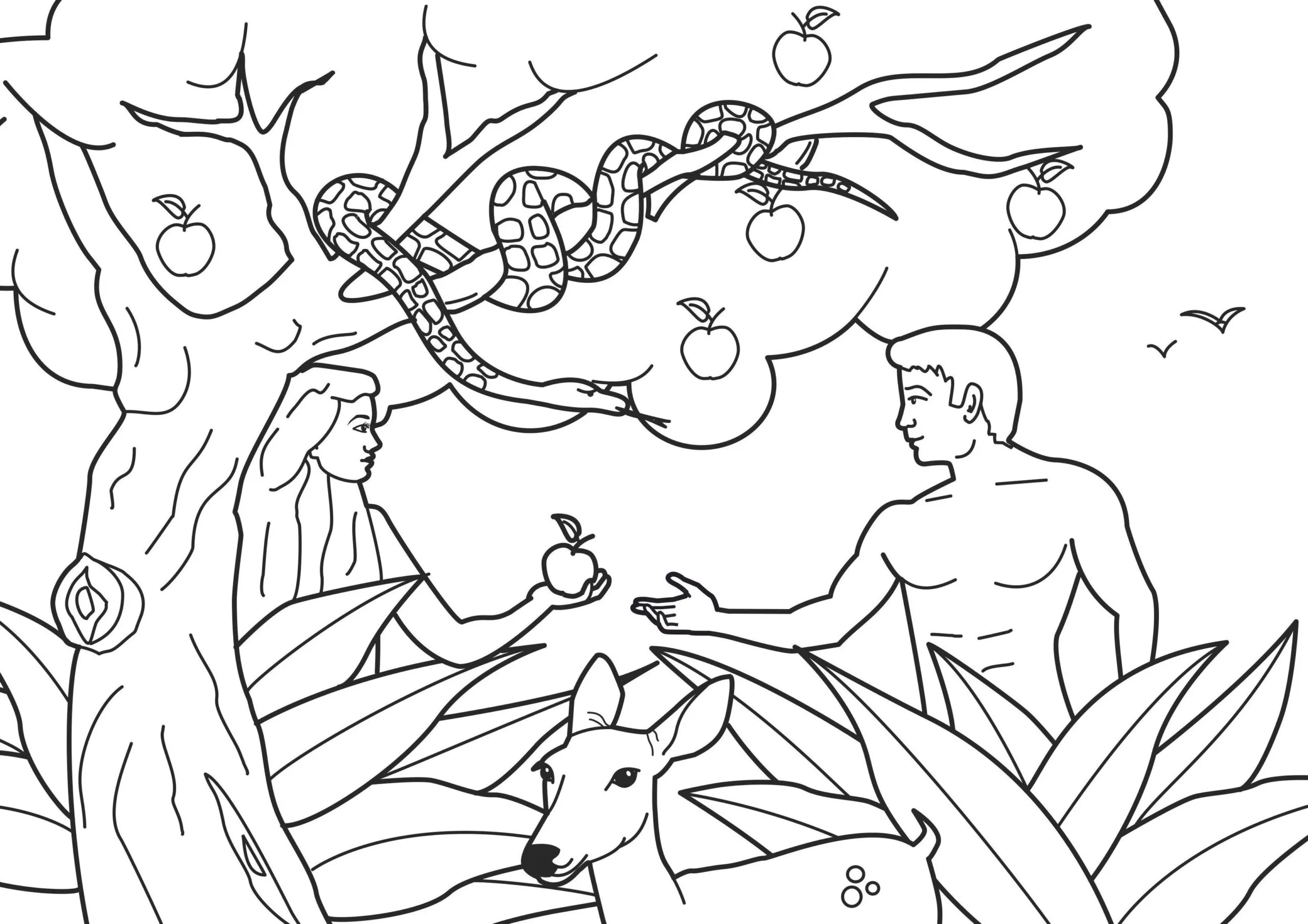 Adão e Eva no Jardim do Éden: Desenho bíblico da Tentação para colorir.