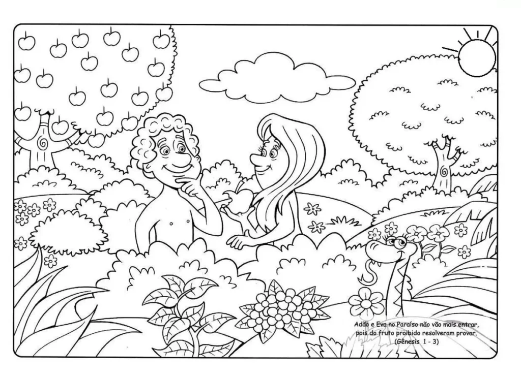 Adão e Eva no Jardim do Éden: cena bíblica para colorir com Adão comendo a fruta proibida.