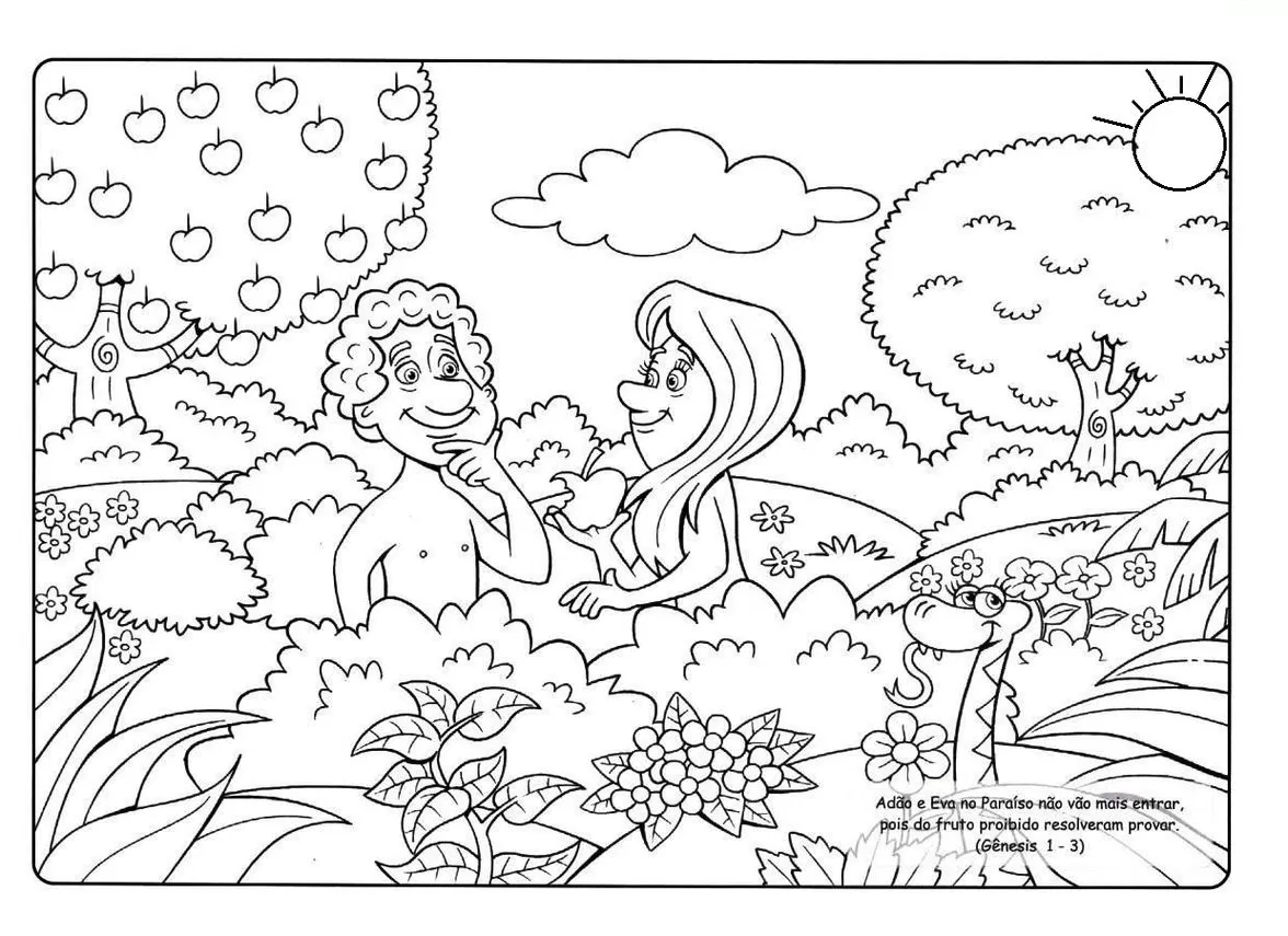 Adão e Eva no Jardim do Éden: cena bíblica para colorir com Adão comendo a fruta proibida.