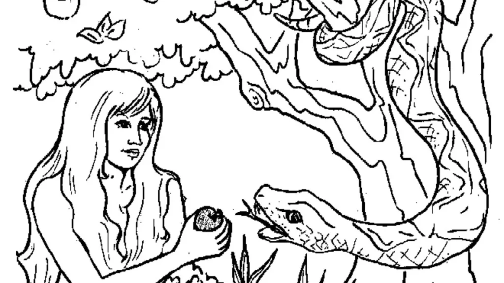 Eva e a serpente no Jardim do Éden para colorir. Desenho bíblico da tentação de Eva com a fruta proibida.